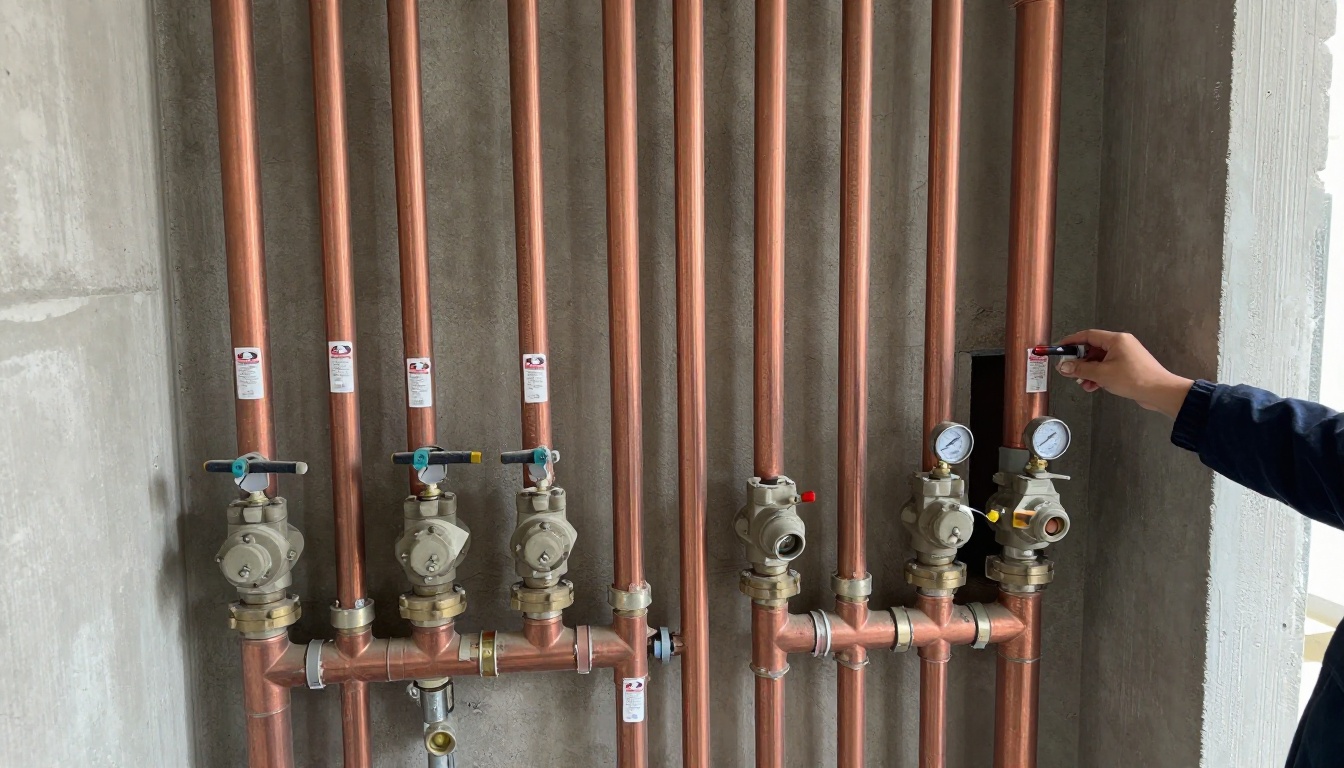 Opened suite wall chase showing vertical copper domestic water risers being replaced, with drop sheets, new isolation valves, and branch connections in a condominium unit