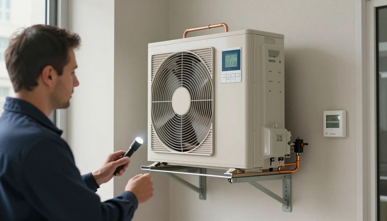 A Hudson HVAC technician inspecting a condo fan coil unit with a flashlight in a Toronto high-rise A Hudson HVAC technician inspecting a condo fan coil unit with a flashlight in a Toronto high-rise