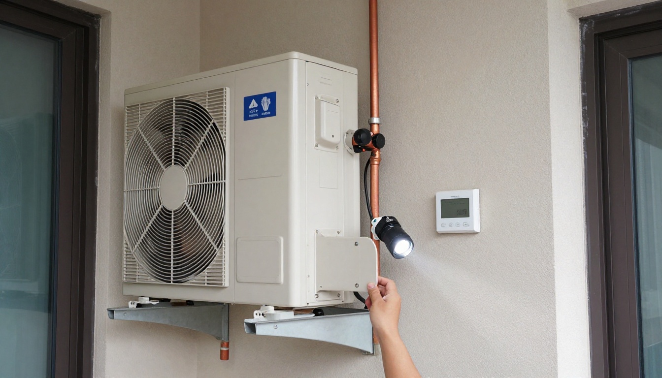 A Hudson HVAC technician inspecting a condo fan coil unit with a flashlight in a Toronto high-rise A Hudson HVAC technician inspecting a condo fan coil unit with a flashlight in a Toronto high-rise
