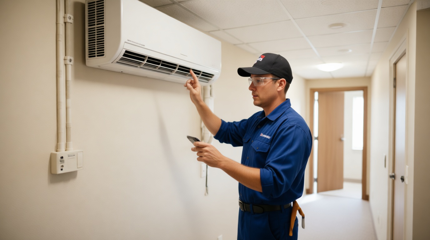 A Hudson HVAC technician inspecting a condo heat pump in a North York high-rise A Hudson HVAC technician inspecting a condo heat pump in a North York high-rise