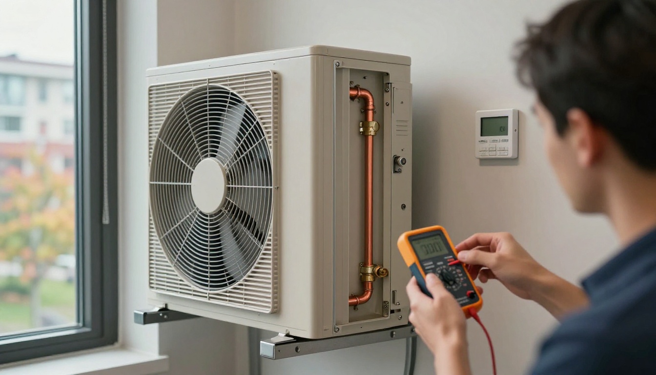 Close-up of a condo HVAC thermostat and open fan coil access panel in a Toronto suite during fall, with a technician using a multimeter while cool weather is visible through the window
