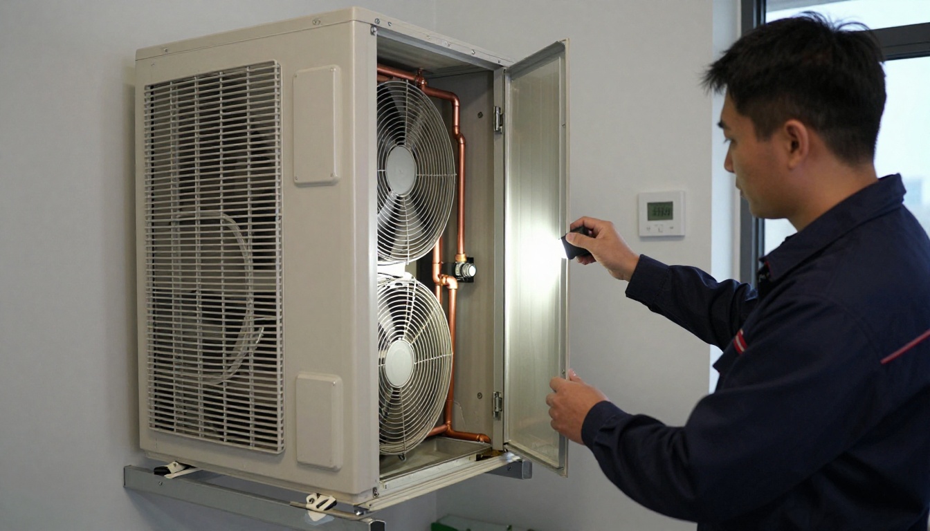 A close-up of a vertical condo fan coil cabinet with the access panel open, showing blower, filter, copper piping, and a technician’s gloved hand inspecting the unit in a Toronto high-rise closet during fall A close-up of a vertical condo fan coil cabinet with the access panel open, showing blower, filter, copper piping, and a technician’s gloved hand inspecting the unit in a Toronto high-rise closet during fall