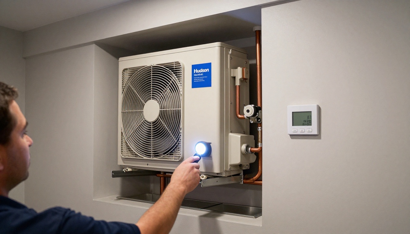 A Hudson HVAC technician inspecting a condo fan coil unit with a flashlight in a Toronto high-rise