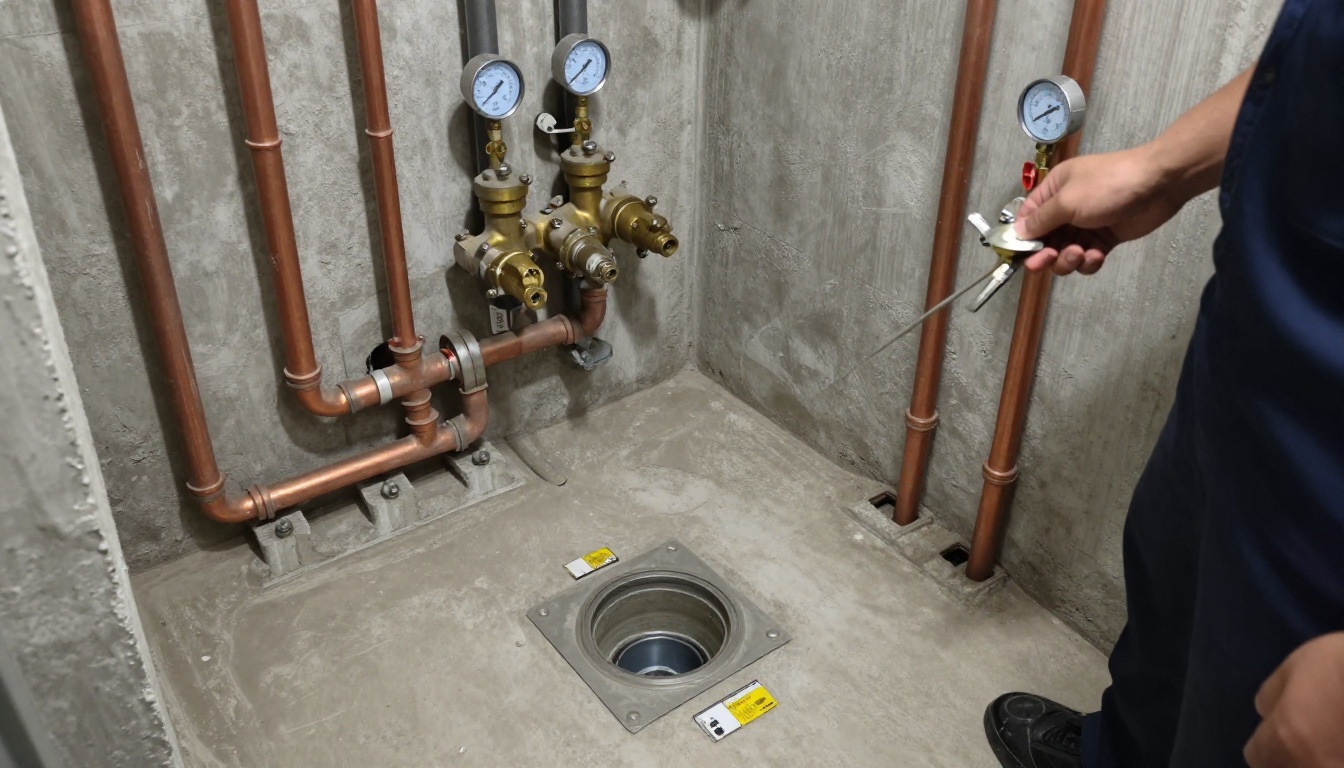 A condominium mechanical room with brass backflow assembly and copper piping in the background, while a plumbing technician performs CCTV inspection setup beside labeled drain cleanouts and protected floor surfaces