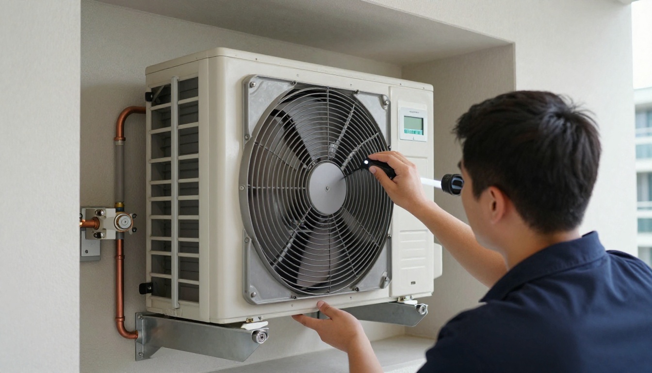 A Hudson HVAC technician inspecting a condo fan coil unit with a flashlight in a Toronto high-rise A Hudson HVAC technician inspecting a condo fan coil unit with a flashlight in a Toronto high-rise