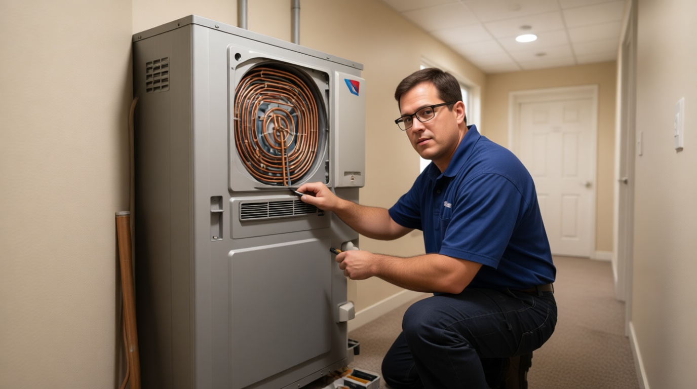Technician servicing ERV unit in Richmond Hill condo Technician servicing ERV unit in Richmond Hill condo