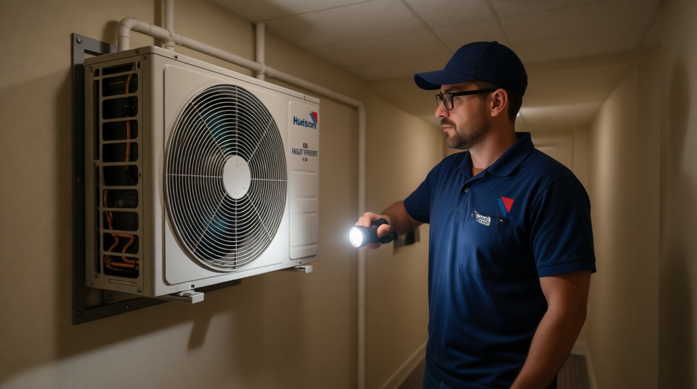 A Hudson HVAC technician inspecting a condo fan coil unit with a flashlight in a Toronto high-rise