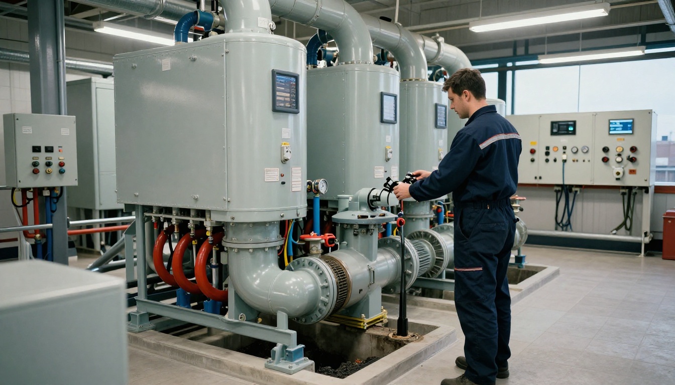 A Toronto condo mechanical room with boilers, pumps, labelled shutoff valves, and a technician inspecting firestopping around pipe penetrations