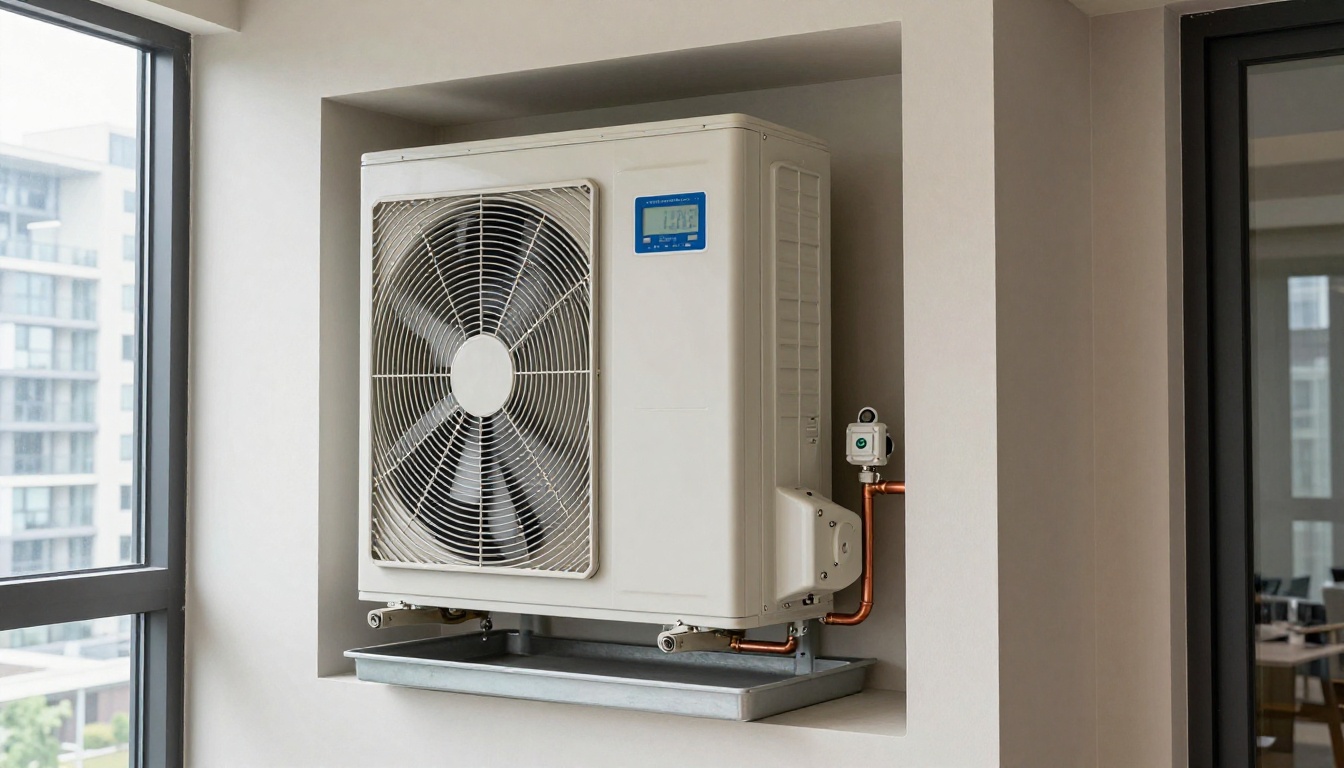 Photorealistic indoor condo heat pump cabinet in a North York high-rise mechanical closet, close-up of blower section and thermostat, modern residential tower setting Photorealistic indoor condo heat pump cabinet in a North York high-rise mechanical closet, close-up of blower section and thermostat, modern residential tower setting
