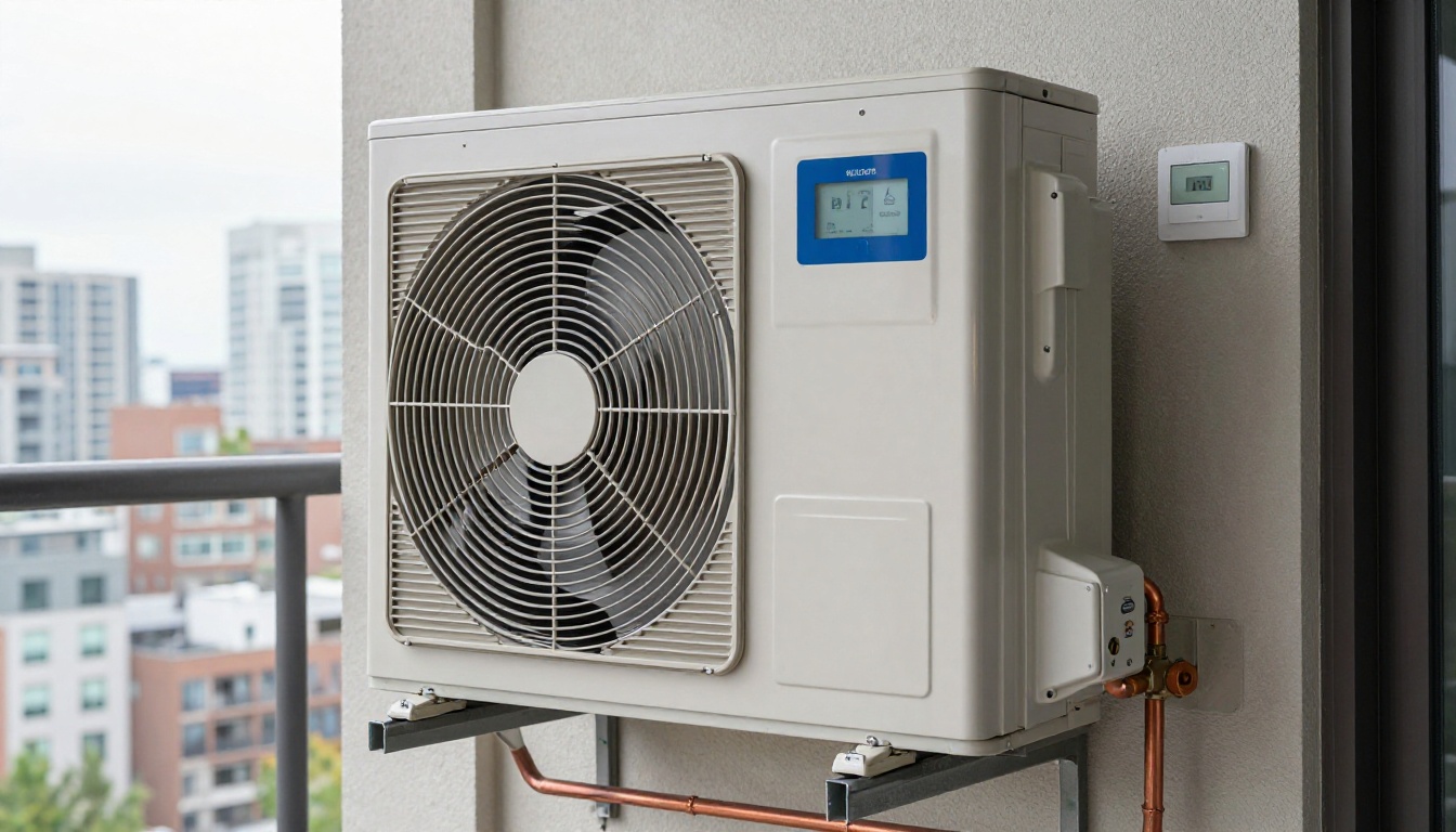 Close-up of a heat pump unit in a Mississauga condo, with a view of the city skyline through a window. Close-up of a heat pump unit in a Mississauga condo, with a view of the city skyline through a window.