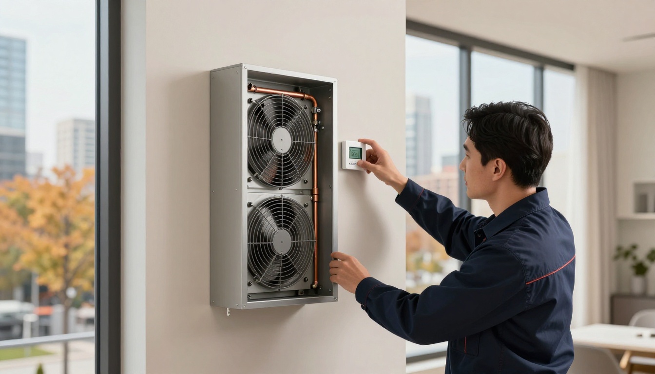 A modern condo thermostat on a neutral wall in a Toronto high-rise, with a technician in a dark navy uniform adjusting settings while a tall fan coil cabinet is softly visible in the background and autumn skyline outside the window