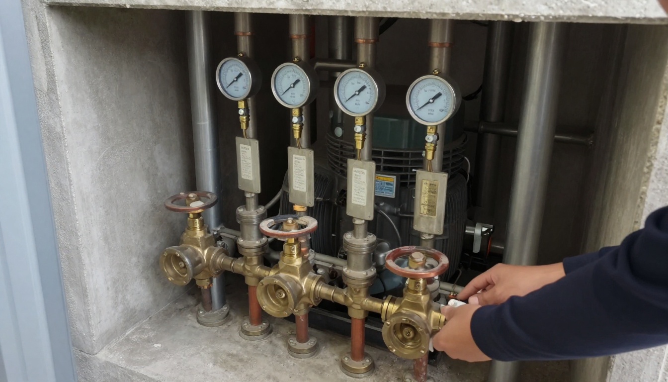 Domestic water booster pump skid in a condominium mechanical room with multiple vertical pumps, brass valves, pressure gauges and insulated copper piping