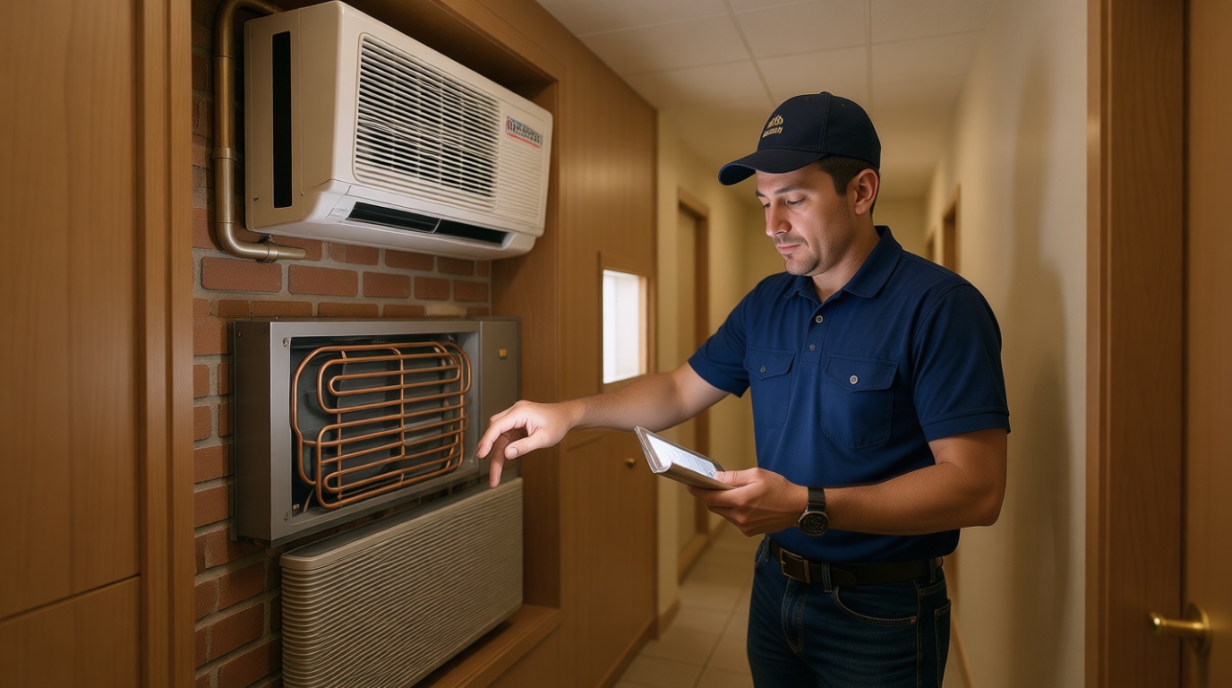 A Hudson HVAC technician inspecting a condo fan coil unit with a flashlight in a Toronto high-rise A Hudson HVAC technician inspecting a condo fan coil unit with a flashlight in a Toronto high-rise