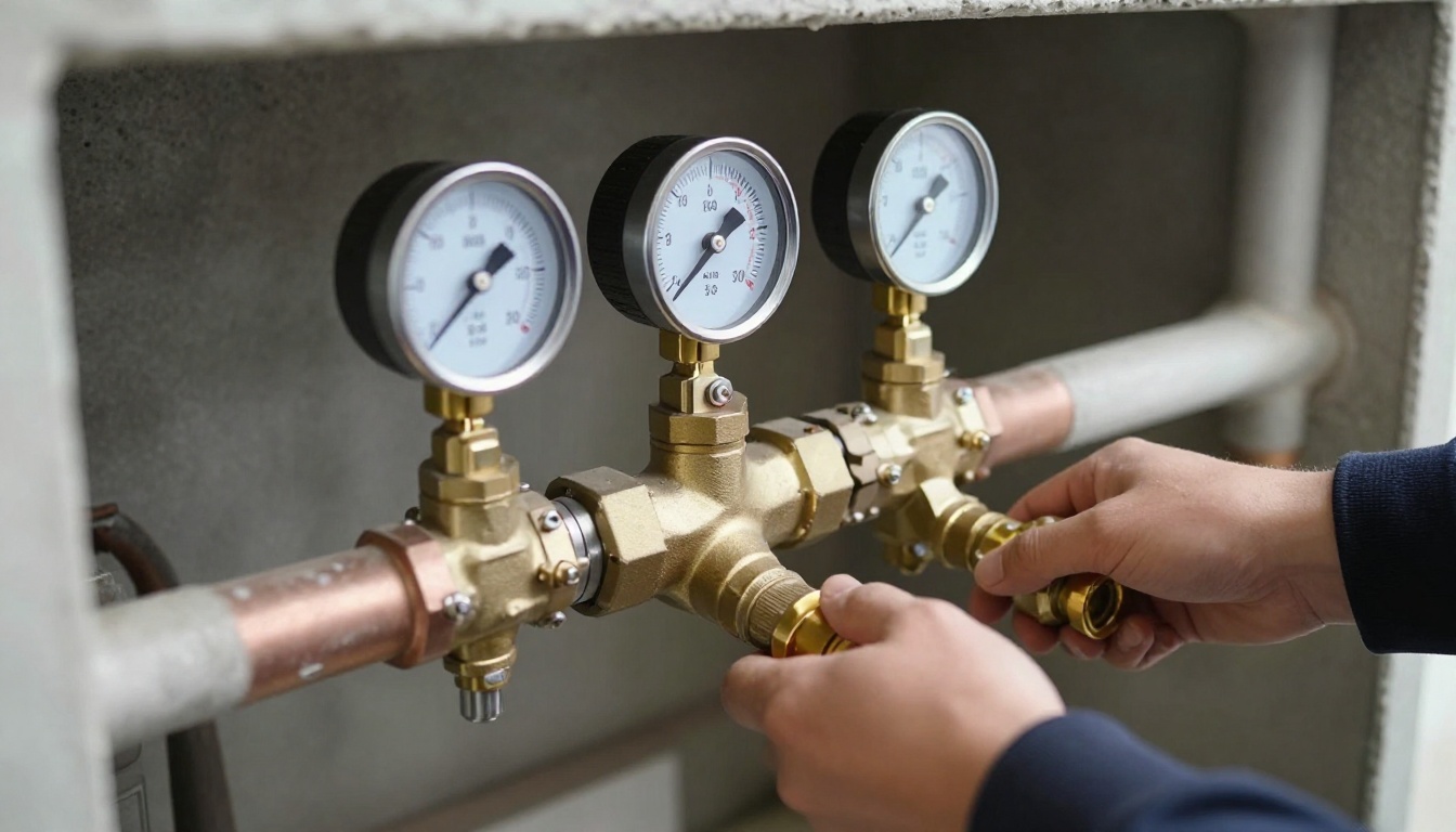 Close-up of a brass condominium pressure reducing valve assembly on a horizontal copper domestic water line in a Toronto high-rise mechanical room, with upstream and downstream pressure gauges and visible isolation valves