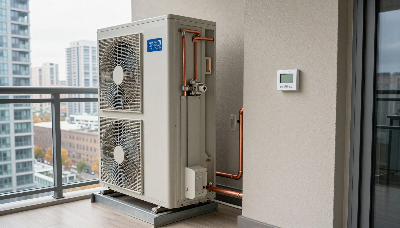 A Hudson HVAC technician checking a vertical condo fan coil cabinet and thermostat inside a modern Toronto high-rise suite during fall, with city skyline visible through the window A Hudson HVAC technician checking a vertical condo fan coil cabinet and thermostat inside a modern Toronto high-rise suite during fall, with city skyline visible through the window