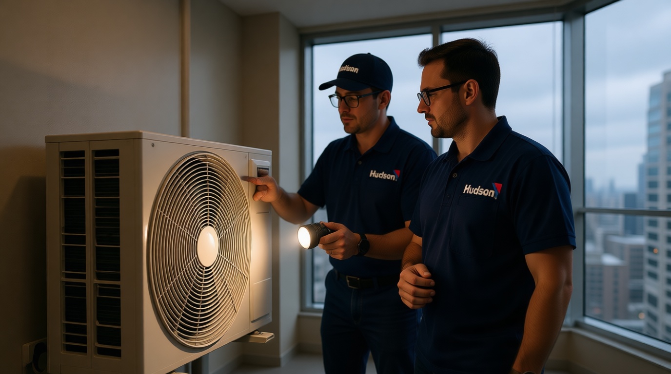 A Hudson HVAC technician inspecting a condo fan coil unit with a flashlight in a Toronto high-rise A Hudson HVAC technician inspecting a condo fan coil unit with a flashlight in a Toronto high-rise