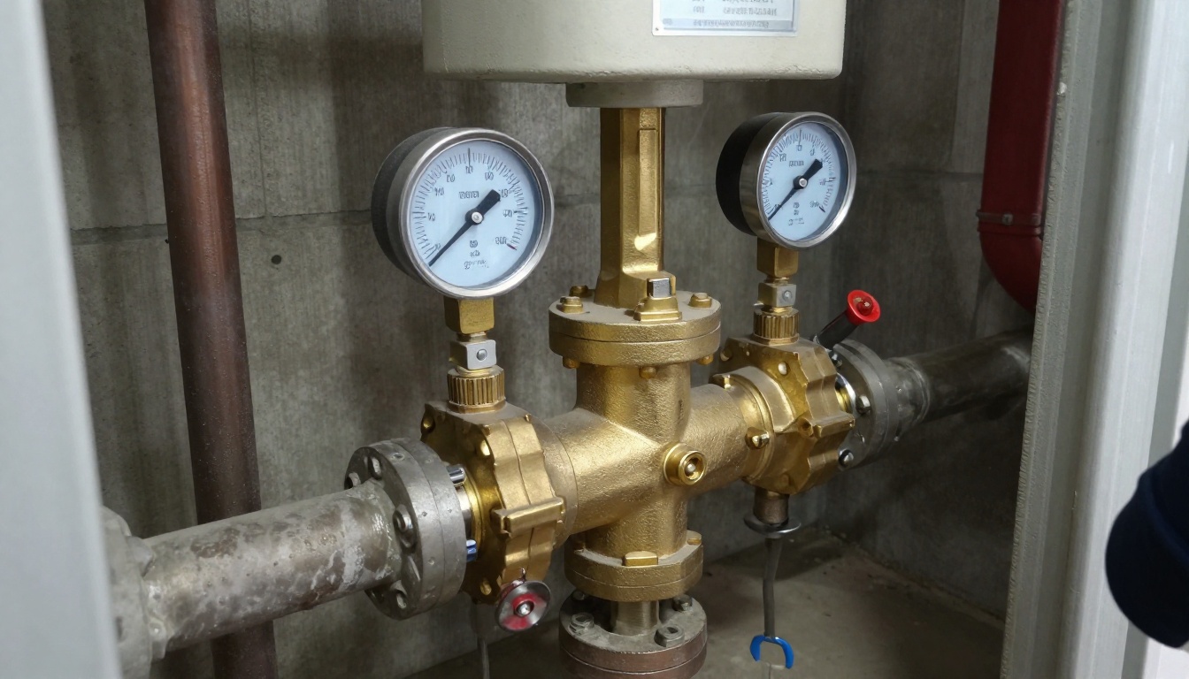 Brass pressure reducing valve and backflow assembly on a condominium domestic water main with gauges, test cocks and adjacent copper piping in a mechanical room