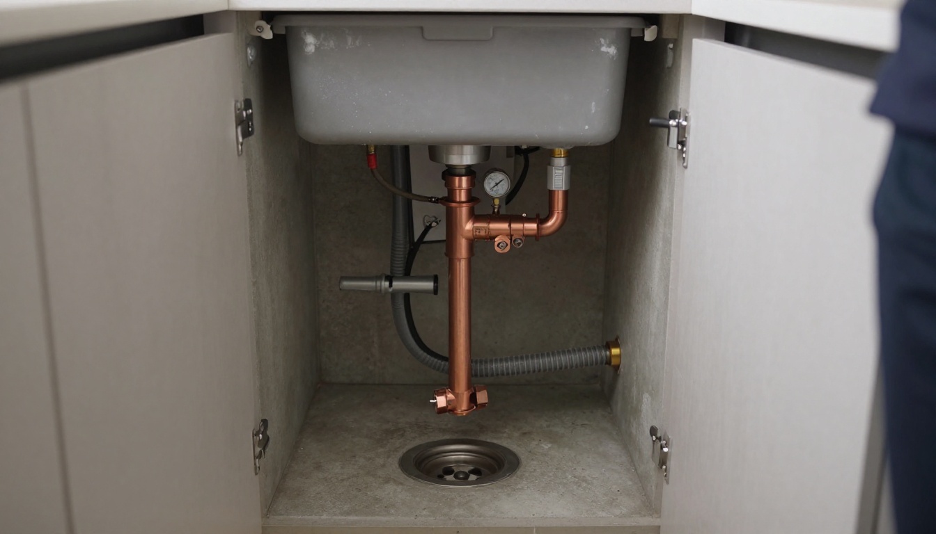 Under-sink view in a condominium kitchen showing a compact garbage disposal unit connected to a sink drain and dishwasher hose, with copper supplies and shutoffs visible in the cabinet, photographed cleanly and realistically