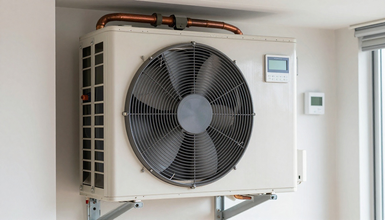 Indoor fan coil cabinet with blower assembly exposed inside an Etobicoke condo mechanical closet