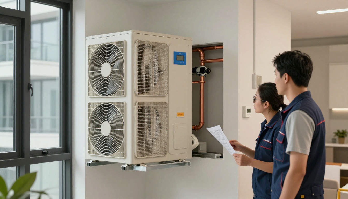 A Toronto condo renovation scene showing a sealed HVAC closet entrance with negative air setup nearby and a technician reviewing mechanical drawings beside a vertical fan coil cabinet