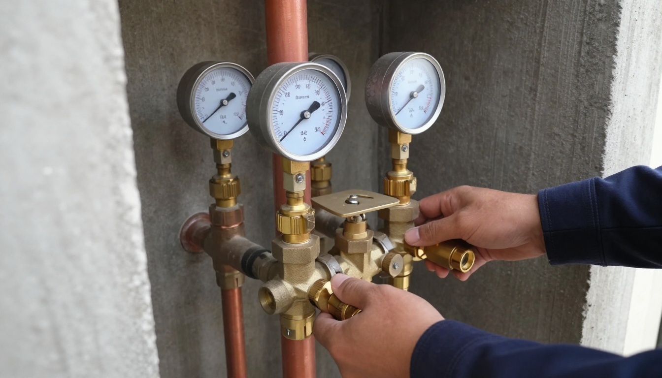 Condominium mechanical room domestic water piping with new brass PRV assembly, gauges, copper mains and insulated risers nearby