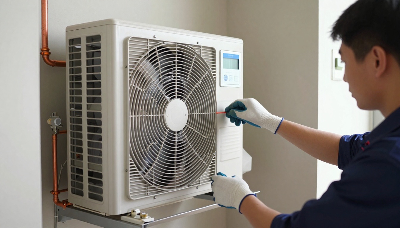 Technician&rsquo;s hands in navy gloves cleaning an evaporator coil inside a fan coil unit.
