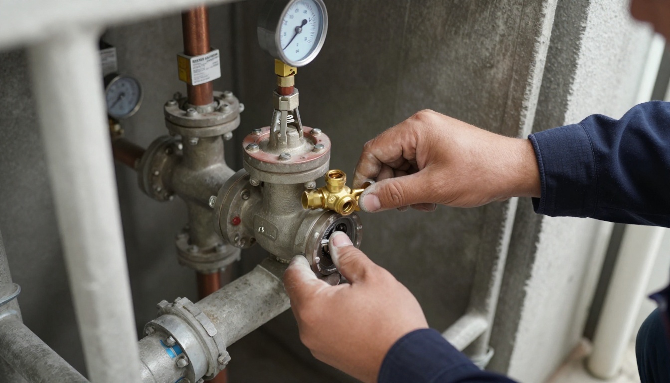 A plumber&rsquo;s gloved hands removing an old corroded gate valve from a 2-inch copper domestic water line in a condo mechanical room, with a new brass full-port ball valve ready for installation