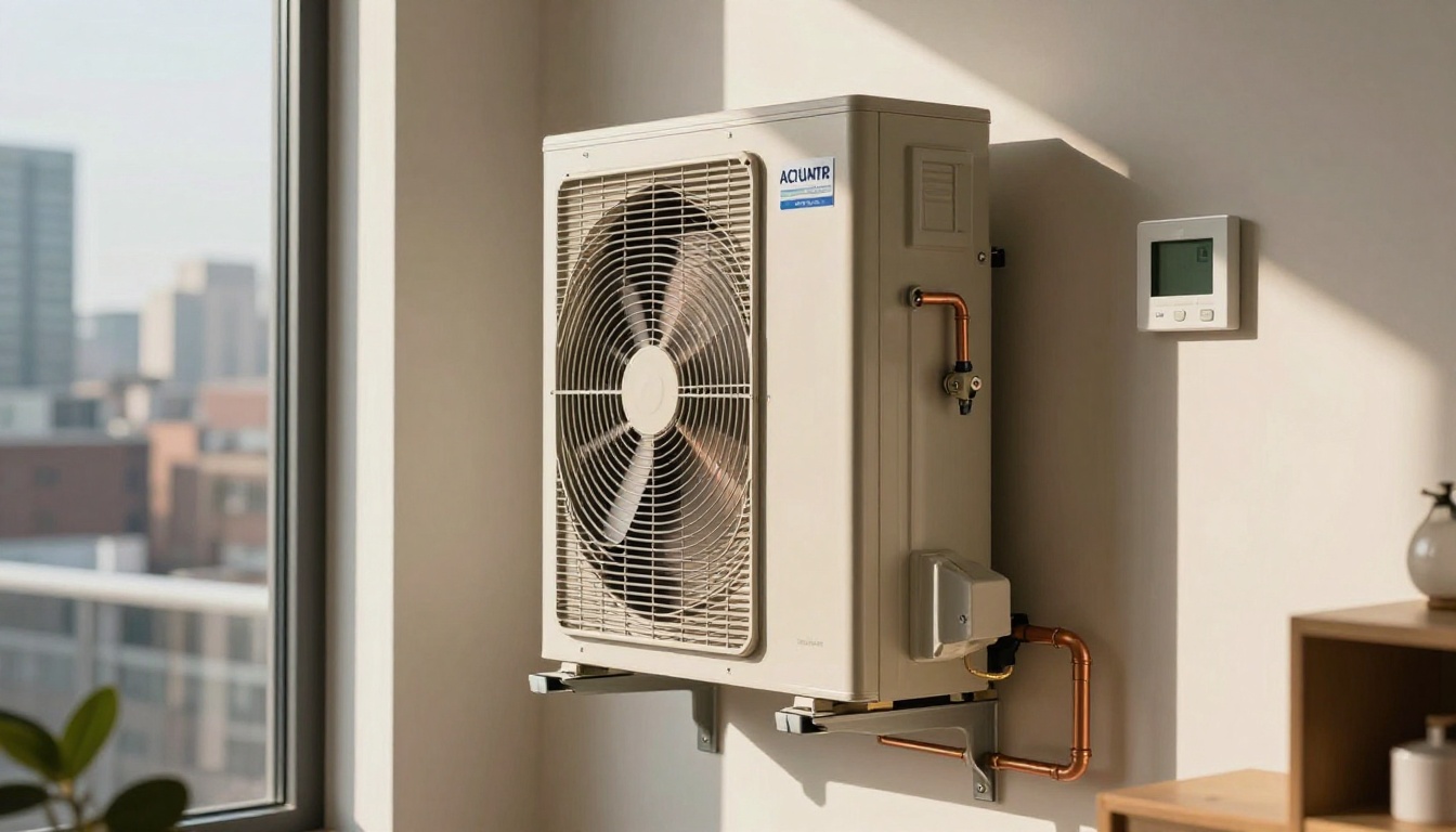 Sunlight streaming into a south-facing Toronto condo living room with floor-to-ceiling windows, blinds partially lowered, and a wall thermostat beside a hallway leading to a fan coil closet