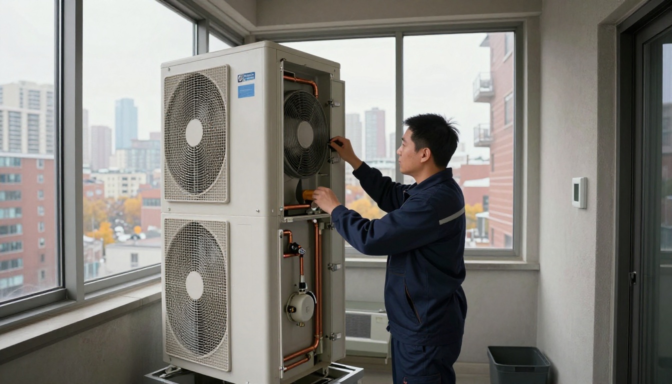 A Hudson HVAC technician measuring supply air temperature at a vertical condo fan coil beside floor-to-ceiling windows in a Toronto high-rise during fall A Hudson HVAC technician measuring supply air temperature at a vertical condo fan coil beside floor-to-ceiling windows in a Toronto high-rise during fall