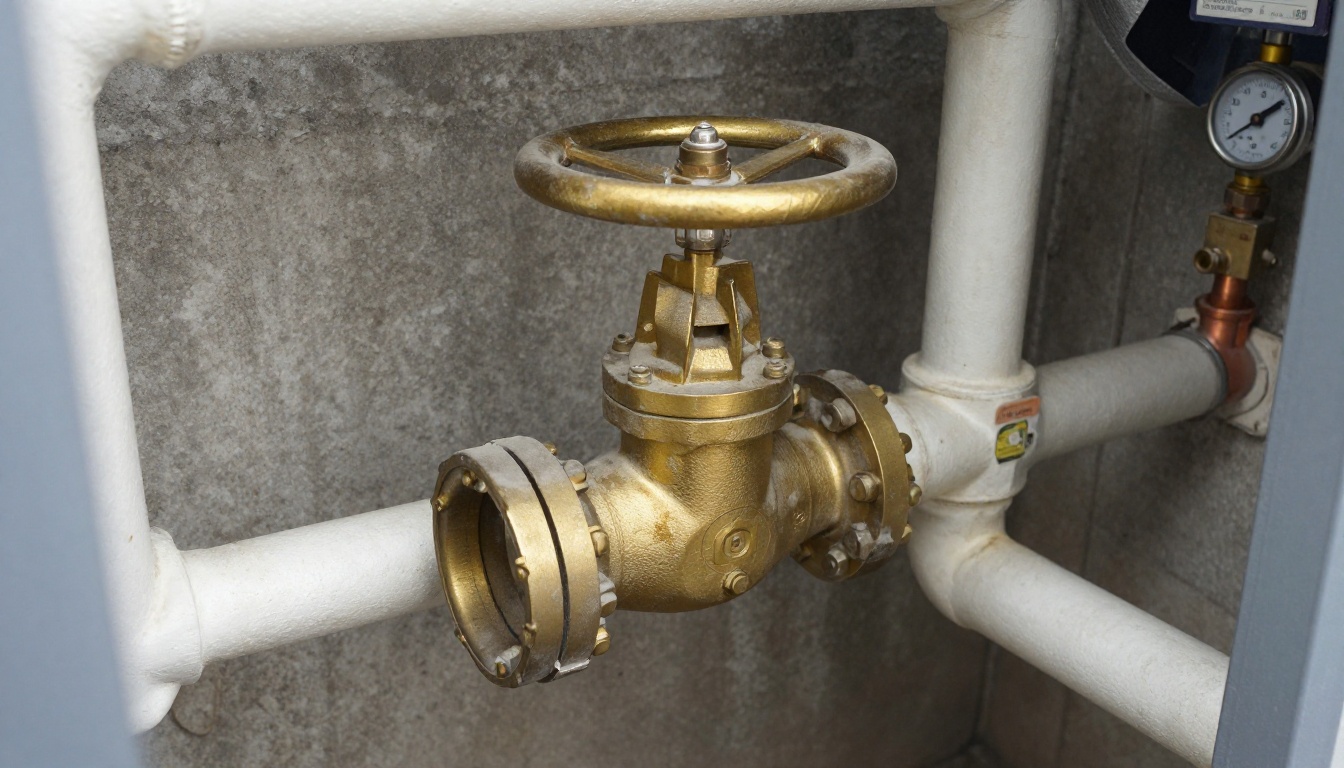Close-up of an older brass or bronze gate valve with a corroded handwheel on a domestic water riser in a condominium mechanical room, with adjacent copper piping, valve tag and visible mineral staining Close-up of an older brass or bronze gate valve with a corroded handwheel on a domestic water riser in a condominium mechanical room, with adjacent copper piping, valve tag and visible mineral staining