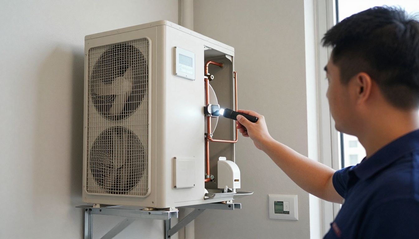 A Hudson HVAC technician inspecting a condo fan coil unit with a flashlight in a Toronto high-rise A Hudson HVAC technician inspecting a condo fan coil unit with a flashlight in a Toronto high-rise