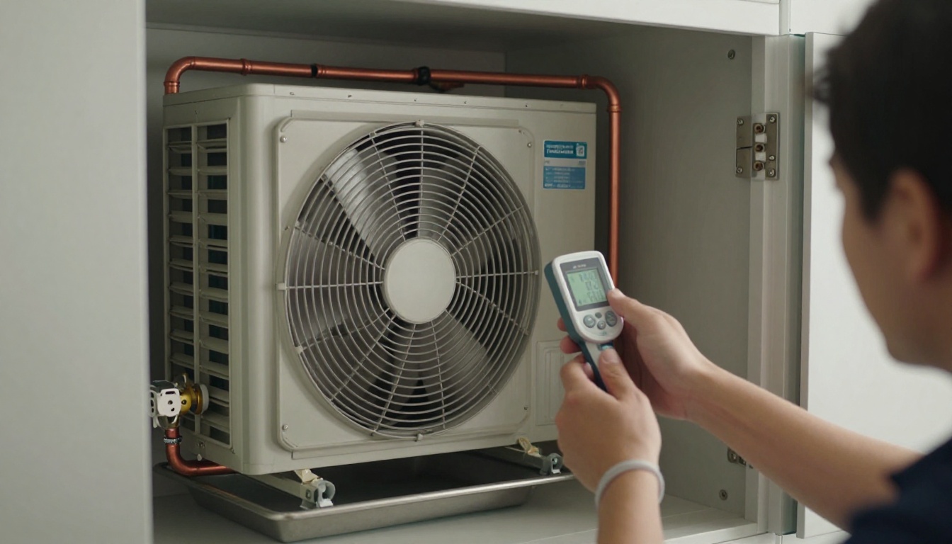 Close-up of a condo fan coil filter, warm hydronic piping, and a technician’s gloved hand using a digital thermometer inside a high-rise suite closet in Toronto Close-up of a condo fan coil filter, warm hydronic piping, and a technician’s gloved hand using a digital thermometer inside a high-rise suite closet in Toronto