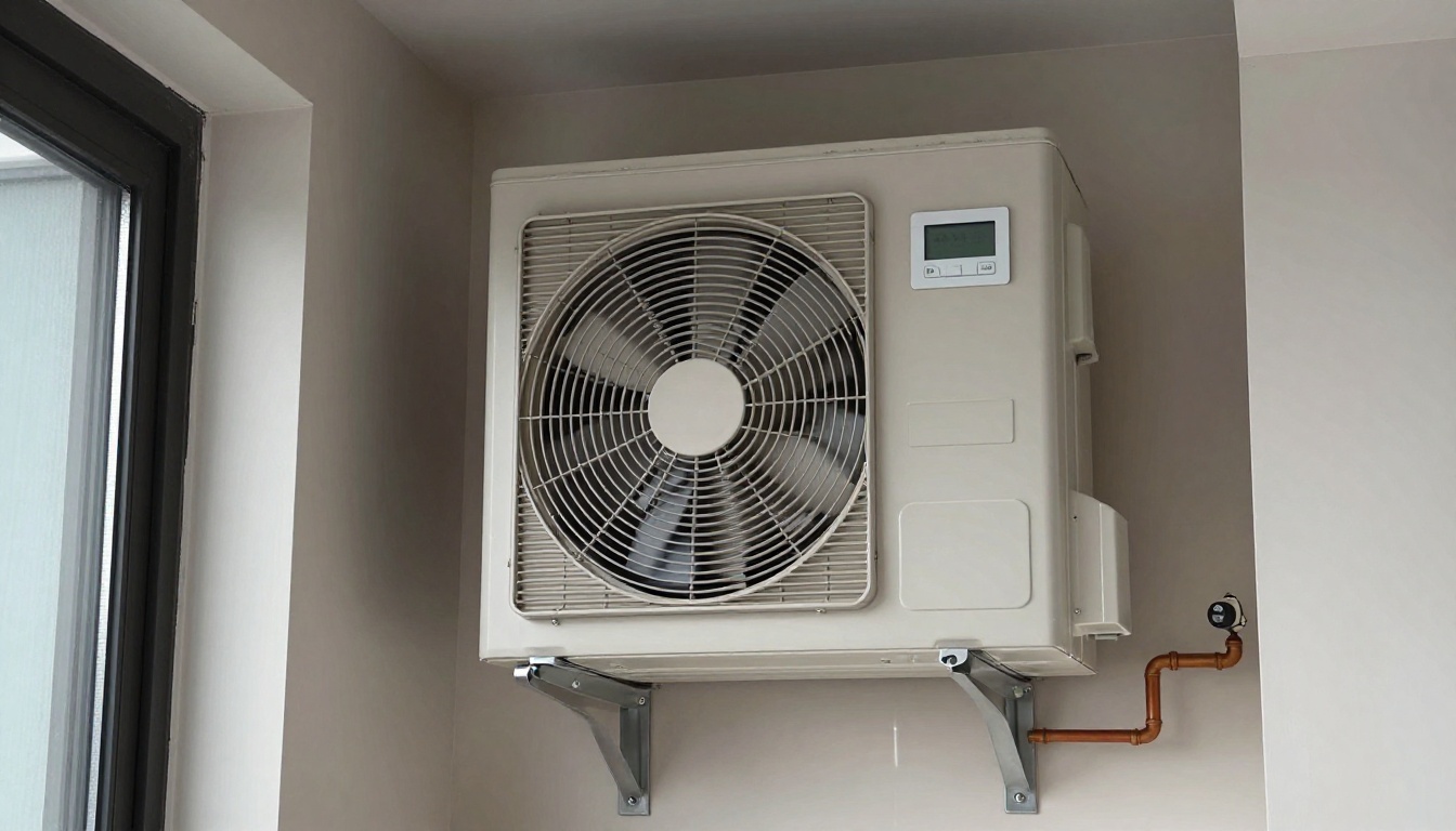 Close-up of a frozen condensate line on a fan coil unit during a Toronto winter