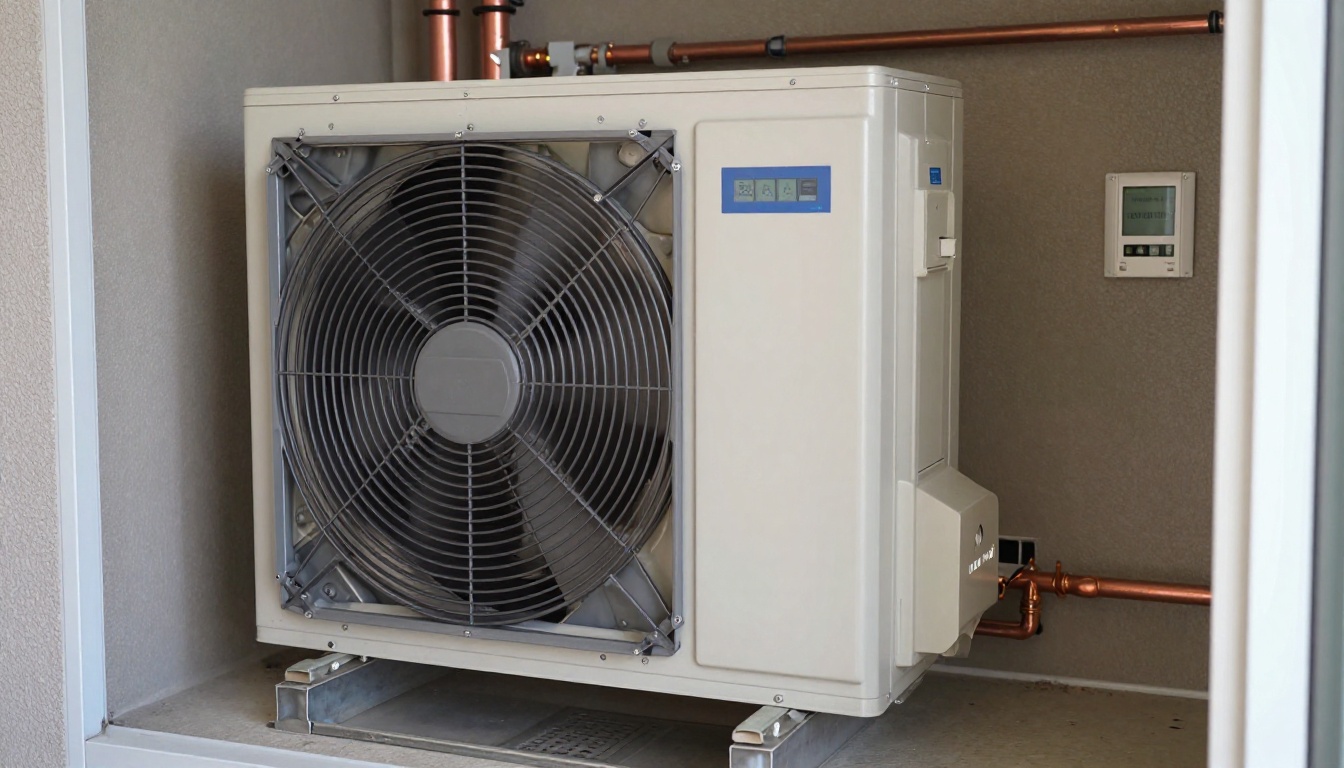 Interior fan coil cabinet in a Mississauga condo mechanical closet with visible coil, blower section, and condensate drain area