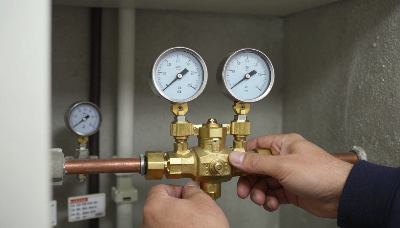 Close-up of a large brass pressure reducing valve with pressure gauges on a condominium domestic water line in a Toronto high-rise mechanical room