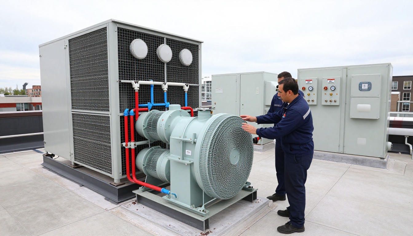 A Hudson HVAC technician inspecting a cooling tower on a Toronto condo rooftop