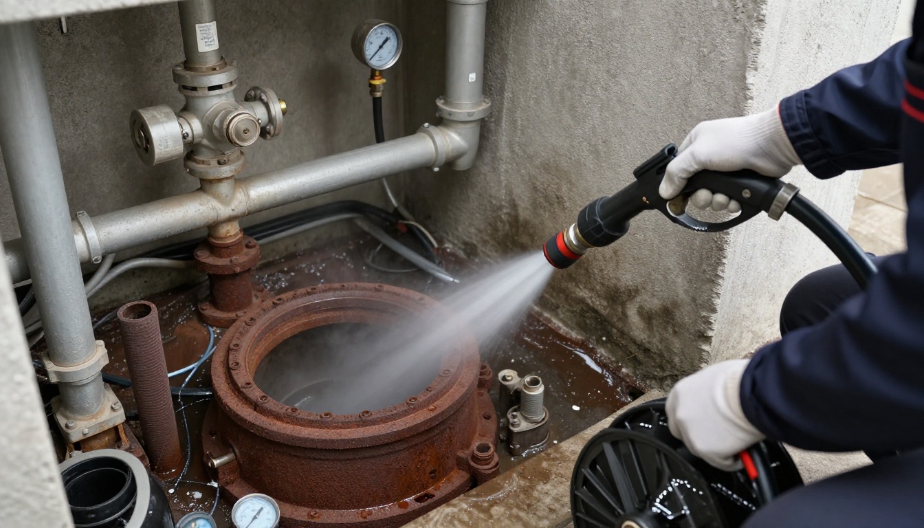 A plumber&rsquo;s gloved hands feeding a high-pressure jetting hose into a bolted cleanout on a rust-brown cast iron kitchen waste stack in a condominium service room, with hose reel and wet vacuum nearby