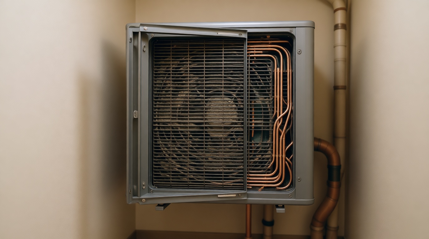 Close-up of a moldy air filter being replaced in a Toronto condo fan coil unit Close-up of a moldy air filter being replaced in a Toronto condo fan coil unit