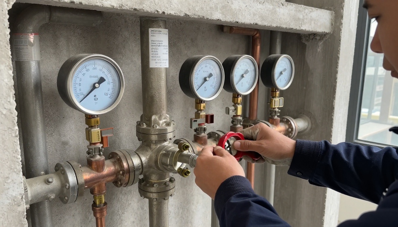 A condominium mechanical room showing a domestic water riser manifold with newly installed butterfly and ball isolation valves, pressure gauges, copper and steel piping, clean labeling, and a technician's gloved hands operating one valve handle A condominium mechanical room showing a domestic water riser manifold with newly installed butterfly and ball isolation valves, pressure gauges, copper and steel piping, clean labeling, and a technician’s gloved hands operating one valve handle