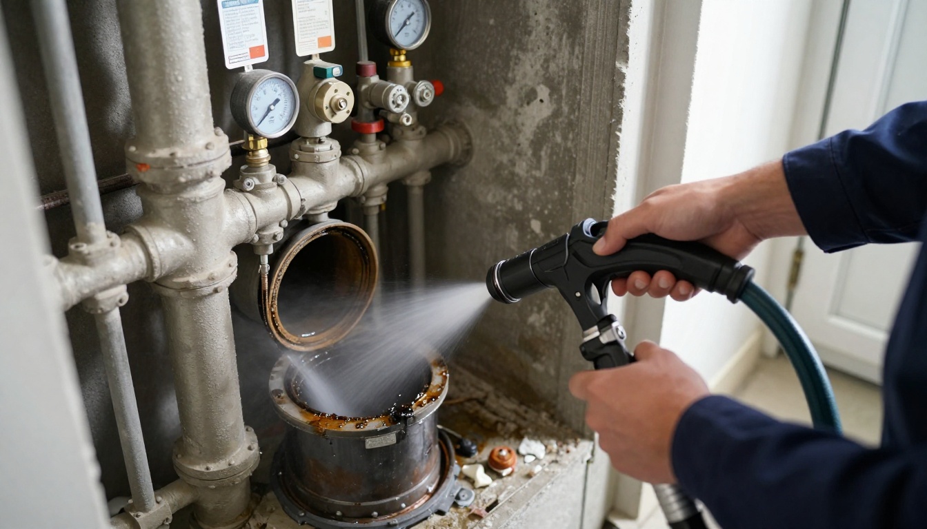 A plumber's gloved hands feeding a high-pressure jetting hose into a 4-inch cast iron kitchen stack cleanout in a condominium mechanical room, with grease residue around the opening and a hose reel nearby A plumber’s gloved hands feeding a high-pressure jetting hose into a 4-inch cast iron kitchen stack cleanout in a condominium mechanical room, with grease residue around the opening and a hose reel nearby