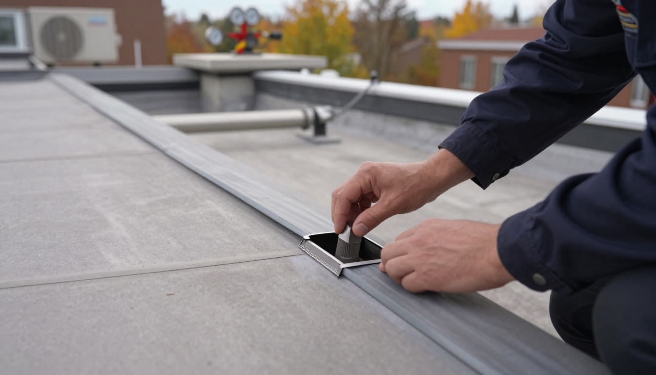 A rooftop condominium plumbing vent termination with surrounding flashing on a flat roof in cool fall weather, showing a technician inspecting the vent opening and nearby piping details