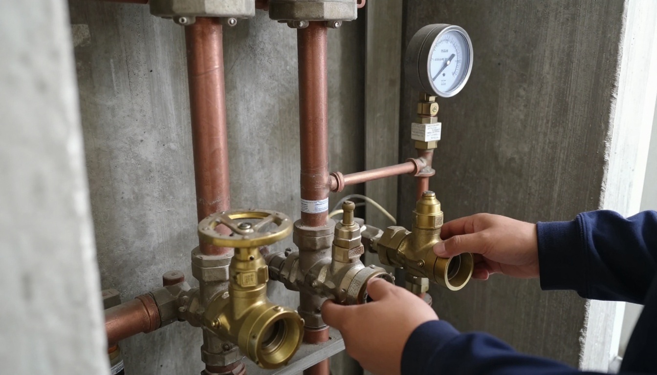 Mechanical room domestic water mains with brass pressure reducing valves and copper risers, showing insulated vertical piping, isolation valves, and aged fittings in a condominium setting