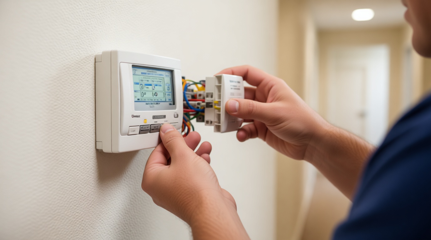 Close-up of a technician&rsquo;s hands wiring a Unilux thermostat in a condo hallway