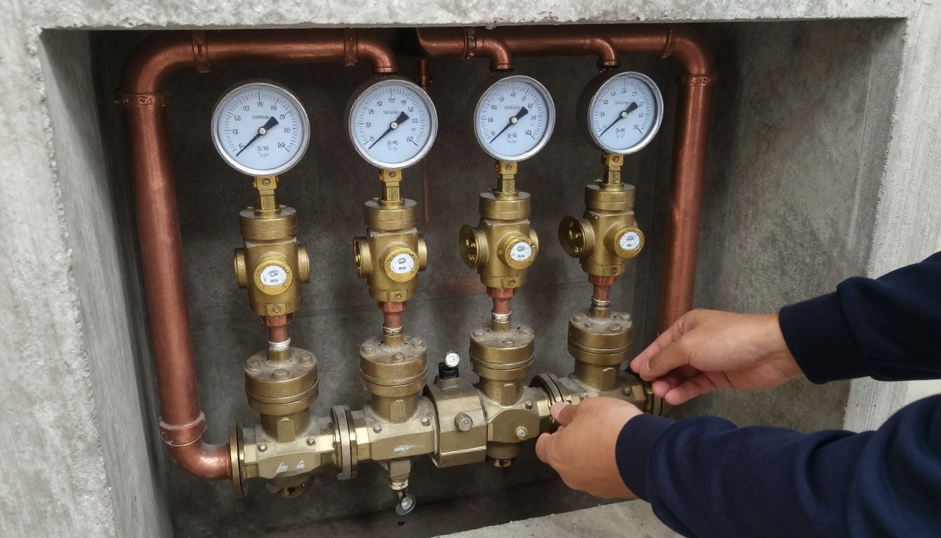 Condominium mechanical room with copper mains, brass pressure reducing valves, gauges and insulated risers arranged around a domestic water service manifold