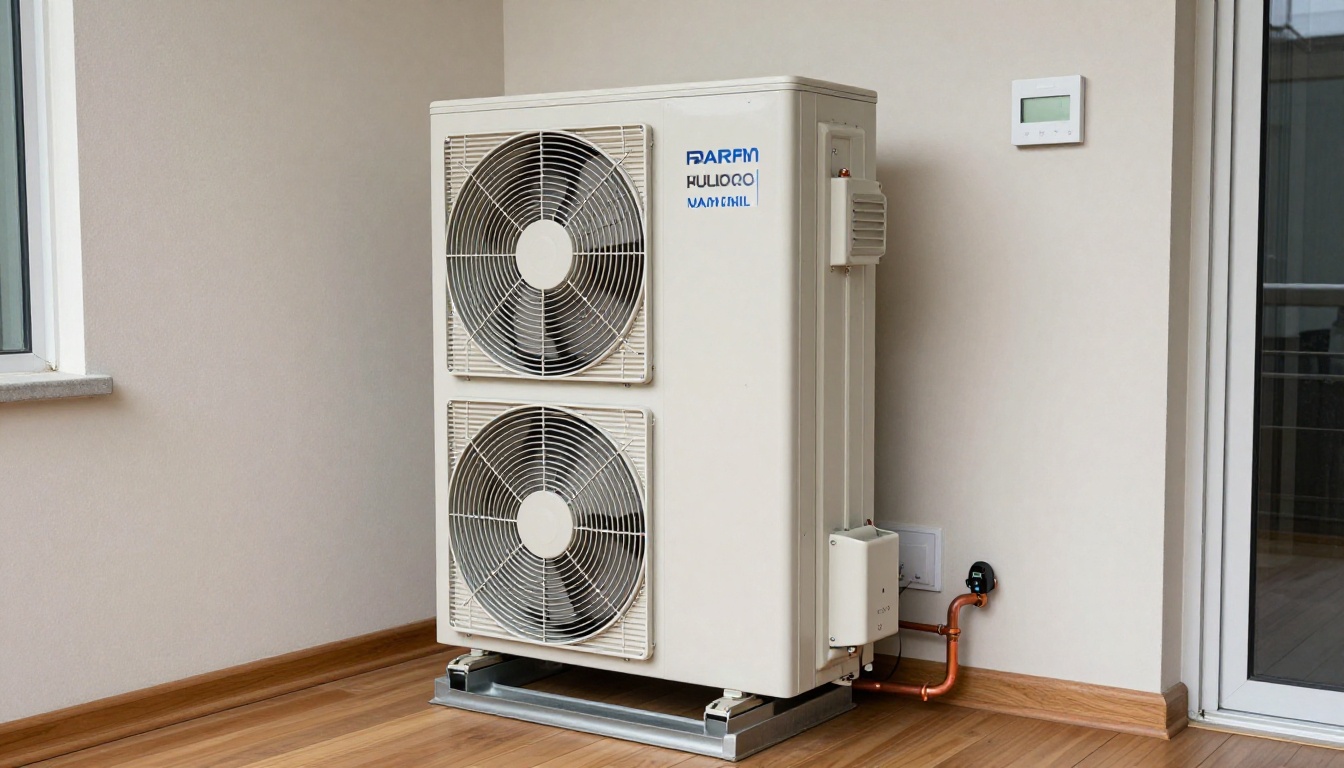 A close-up of a tall vertical condo fan coil unit with the access panel removed, showing the blower motor, actuator, copper piping, and drain pan inside a modern Toronto condo closet A close-up of a tall vertical condo fan coil unit with the access panel removed, showing the blower motor, actuator, copper piping, and drain pan inside a modern Toronto condo closet