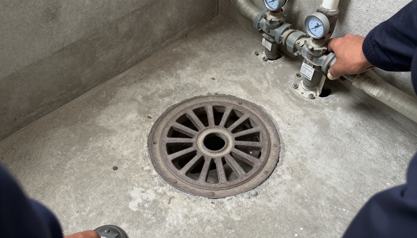 Close view of an older cast iron floor drain with the strainer removed, visible trap seal testing and surrounding concrete in a condominium mechanical or service room Close view of an older cast iron floor drain with the strainer removed, visible trap seal testing and surrounding concrete in a condominium mechanical or service room