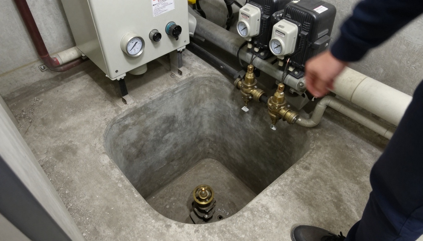 Open mechanical room sump or ejector pit area in a Toronto condominium basement, showing duplex pump discharge piping, brass check valves, control floats and concrete floor around the pit