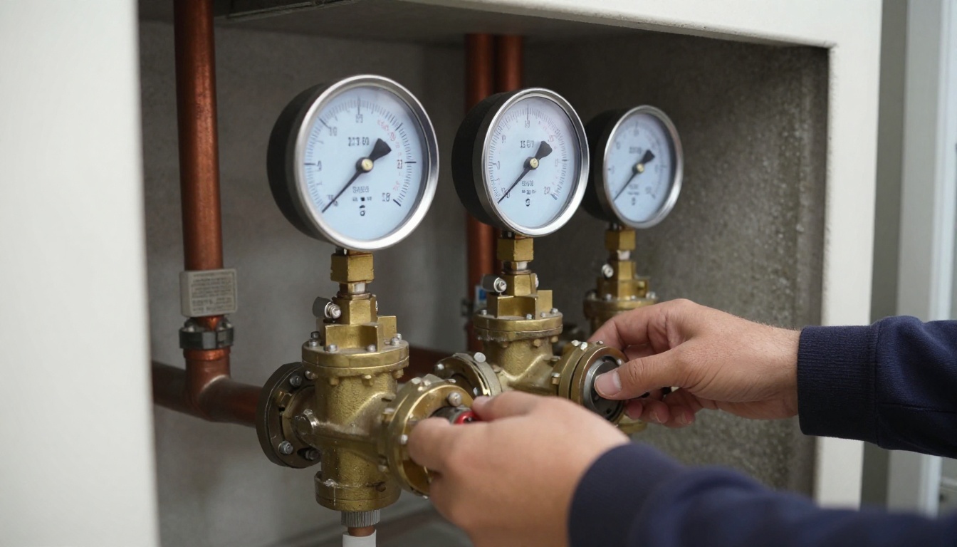 A close-up of tagged brass and cast-iron isolation valves in a condominium mechanical room, with clear numbered markers, a pressure gauge, and copper domestic water lines A close-up of tagged brass and cast-iron isolation valves in a condominium mechanical room, with clear numbered markers, a pressure gauge, and copper domestic water lines