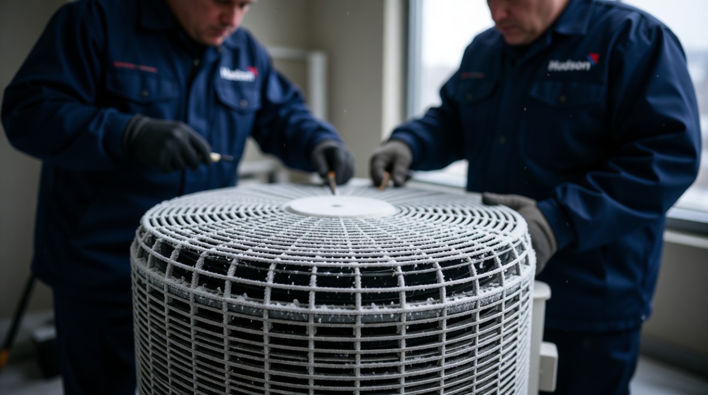 Close-up of a frozen heat pump coil in a Toronto condo during winter