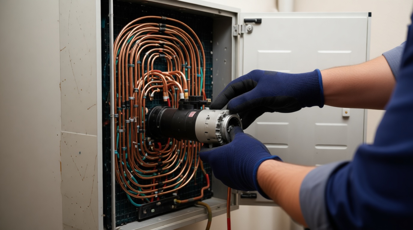 Technician's hands in gloves inspecting or replacing a condensate pump inside a fan coil unit. Technician’s hands in gloves inspecting or replacing a condensate pump inside a fan coil unit.